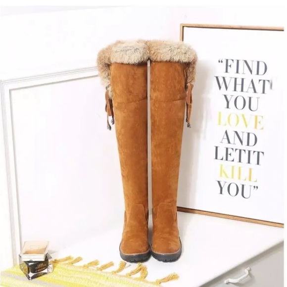 New Brown Vegan Suede Faux Fur and Lined Over The Knee High Flat Heel Boots - Picture 5 of 6